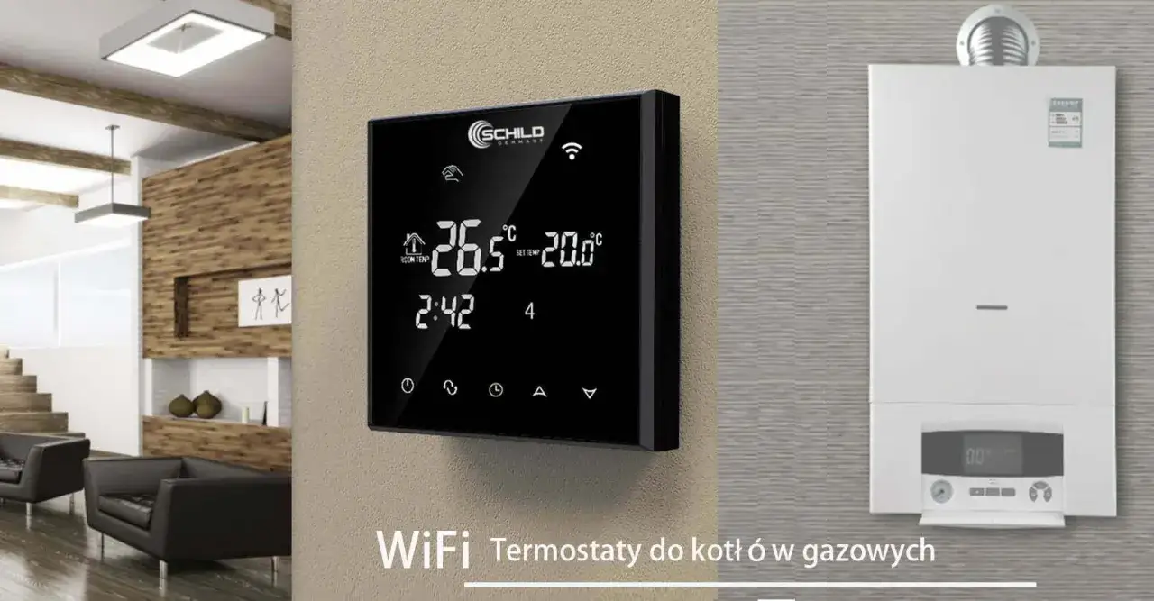Nowoczesne ustawienie pieca gazowego z termostatem WiFi. Steruj temperaturą w domu.