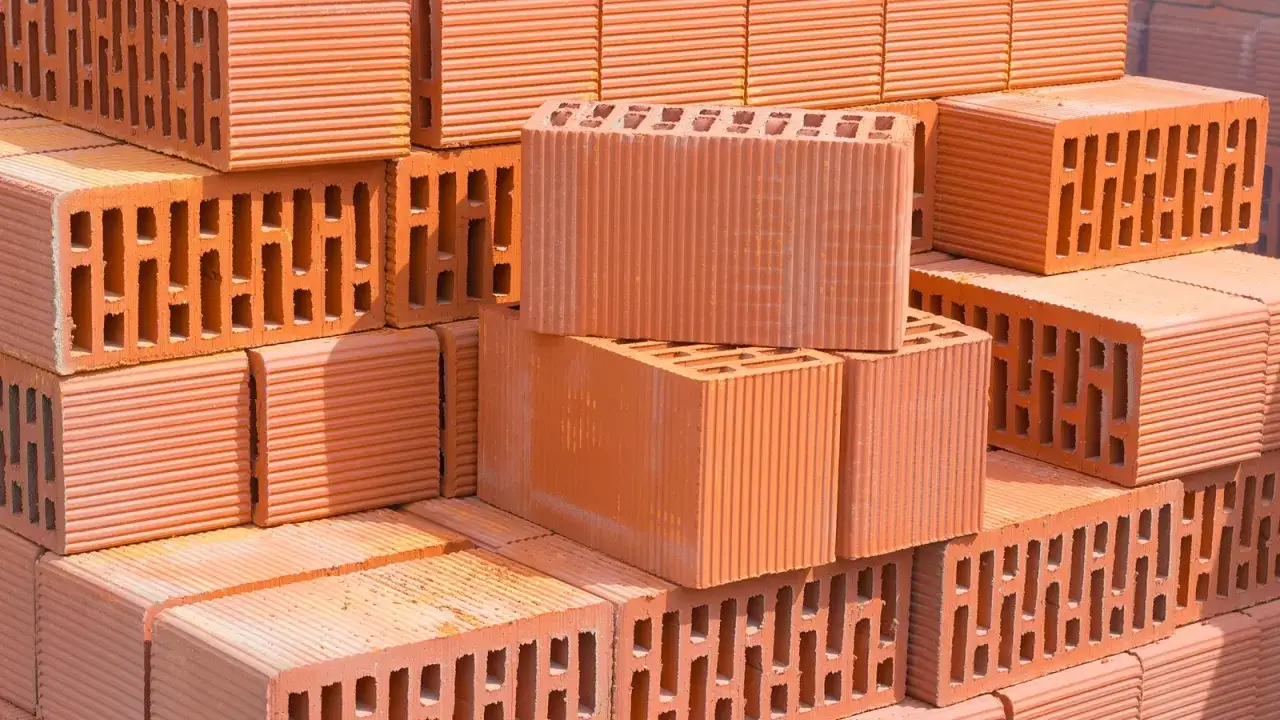 Stosy pomarańczowych pustaków ceramicznych, gotowych do budowy domu. Te bloczki są idealne do tworzenia solidnych ścian.