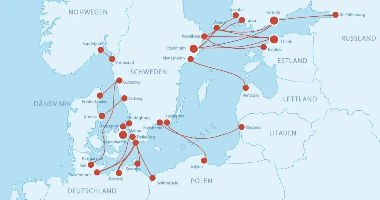 Mapa pokazuje trasy promowe przez Bałtyk. Dowiedz się, ile płynie prom do Szwecji z różnych portów, np. z Niemiec czy Polski.