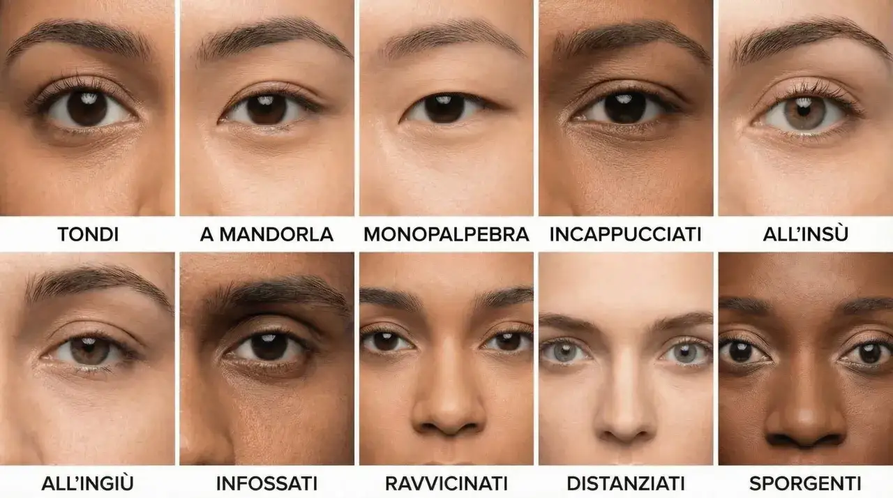 Dieci primi piani di occhi diversi, che mostrano vari tipi di occhi: tondi, a mandorla, monopalpebra, incappucciati, all'insù, infossati, ravvicinati, distanziati, sporgenti.
