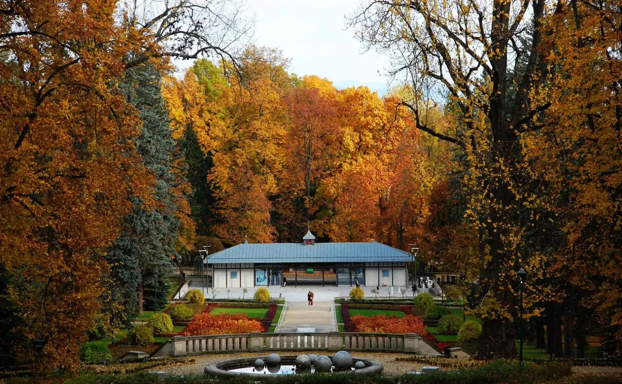 Jesienny park w Sosnowcu, z kolorowymi liśćmi i fontanną, to jedno z romantycznych miejsc na Śląsku.