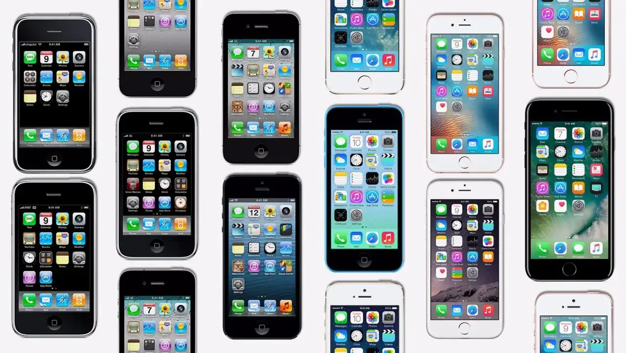 Różne modele iPhone'ów, od pierwszego po nowsze wersje. Zobacz, co to jest iOS i jak ewoluował interfejs.