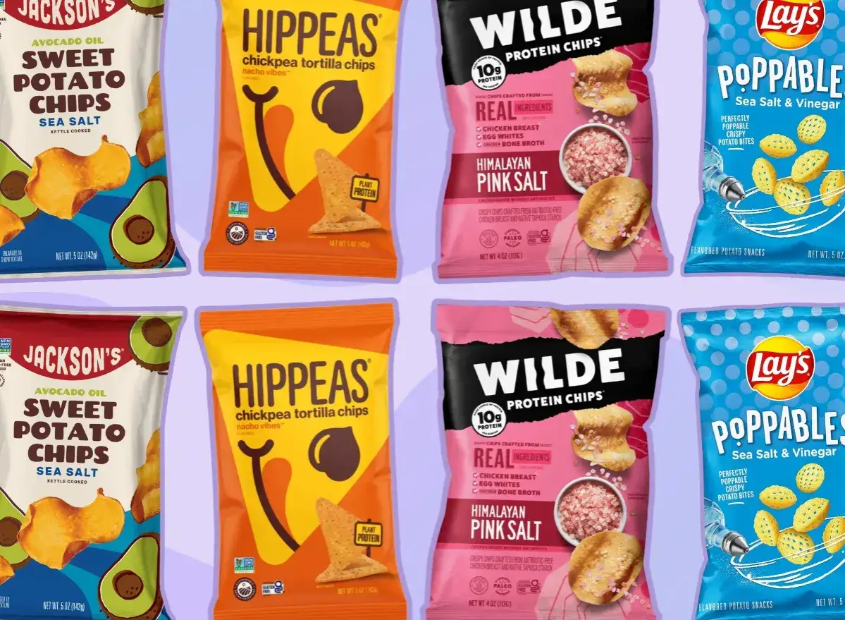Czy chipsy są zdrowe? Różne opakowania chipsów: ziemniaczane, z ciecierzycy i proteinowe.