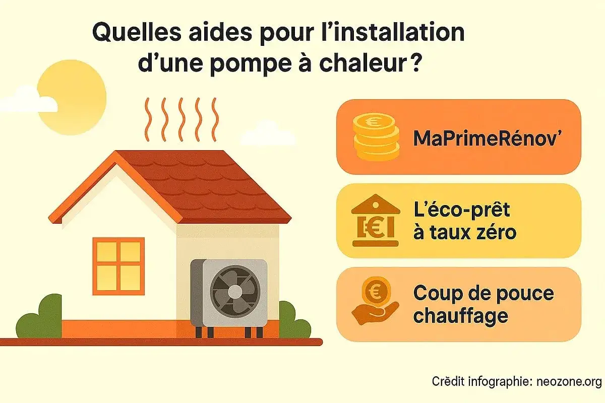 Infographie sur les aides pour l'installation d'une pompe à chaleur air/air : MaPrimeRénov', éco-prêt à taux zéro, coup de pouce chauffage.