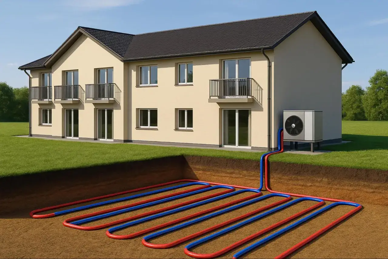 Schéma d'une maison avec une installation géothermie. Des tuyaux rouges et bleus serpentent dans le sol, connectés à une unité extérieure.