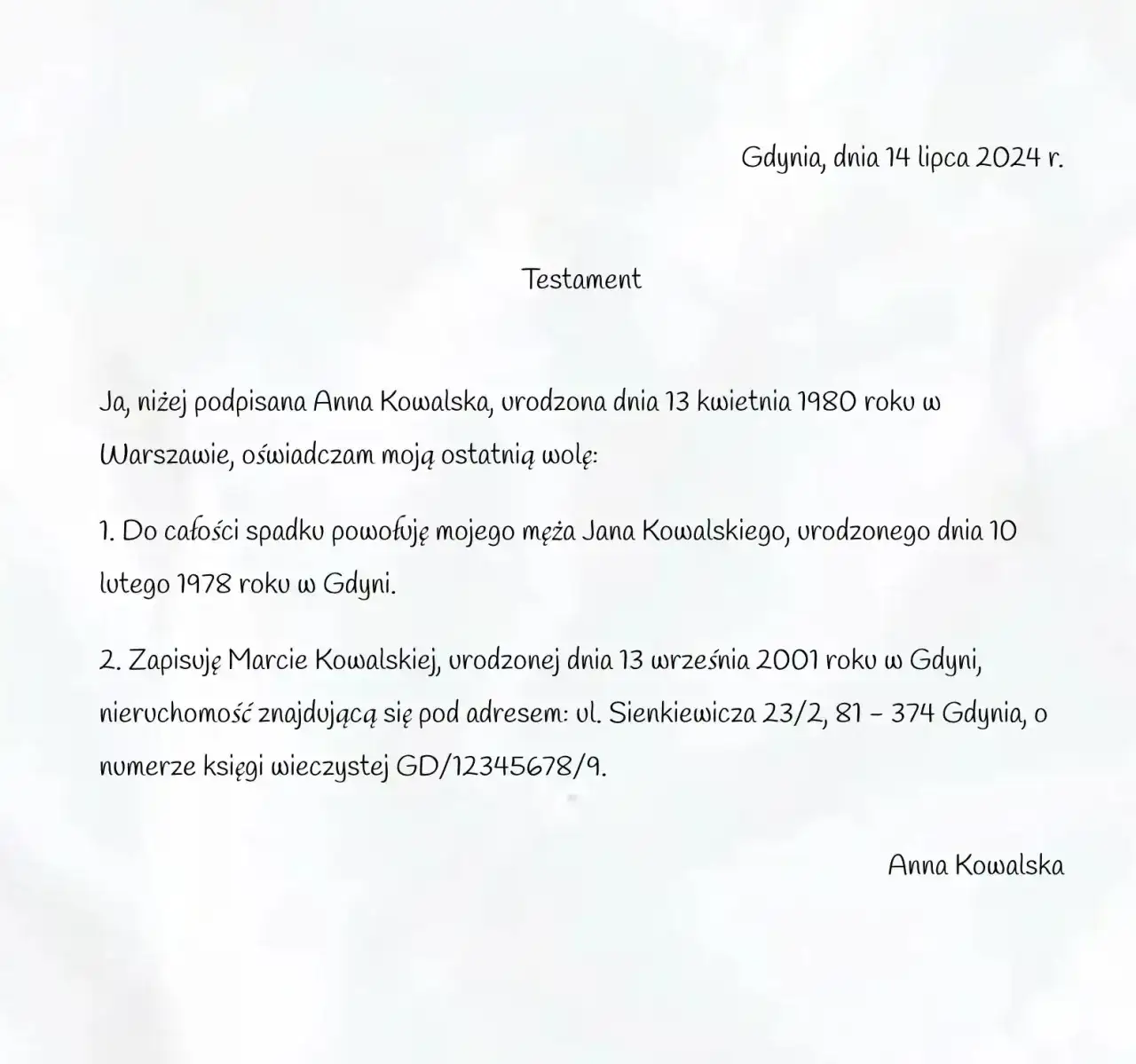 ręcznie napisany testament, podpis i data