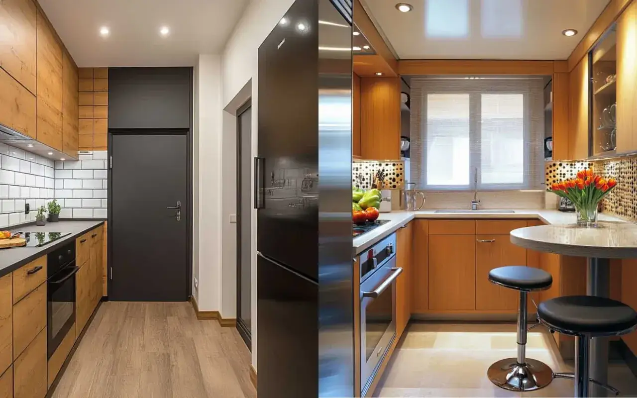 Esempi di progetti cucine piccole e strette: una con ante in legno chiaro e piastrelle bianche, l'altra con mobili in legno e un'area pranzo compatta.