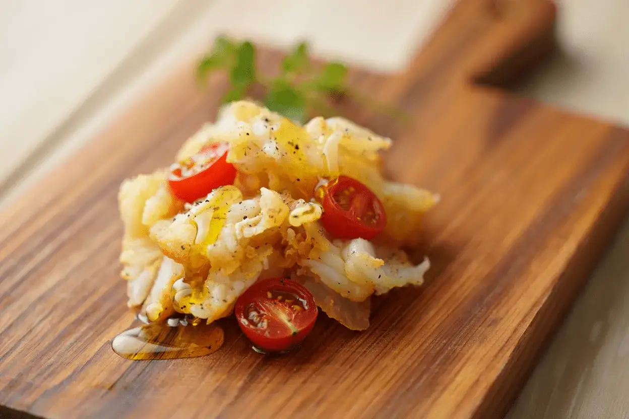Deliciosas migas de bacalao con tomates cherry y aceite de oliva, servidas en una tabla de madera.