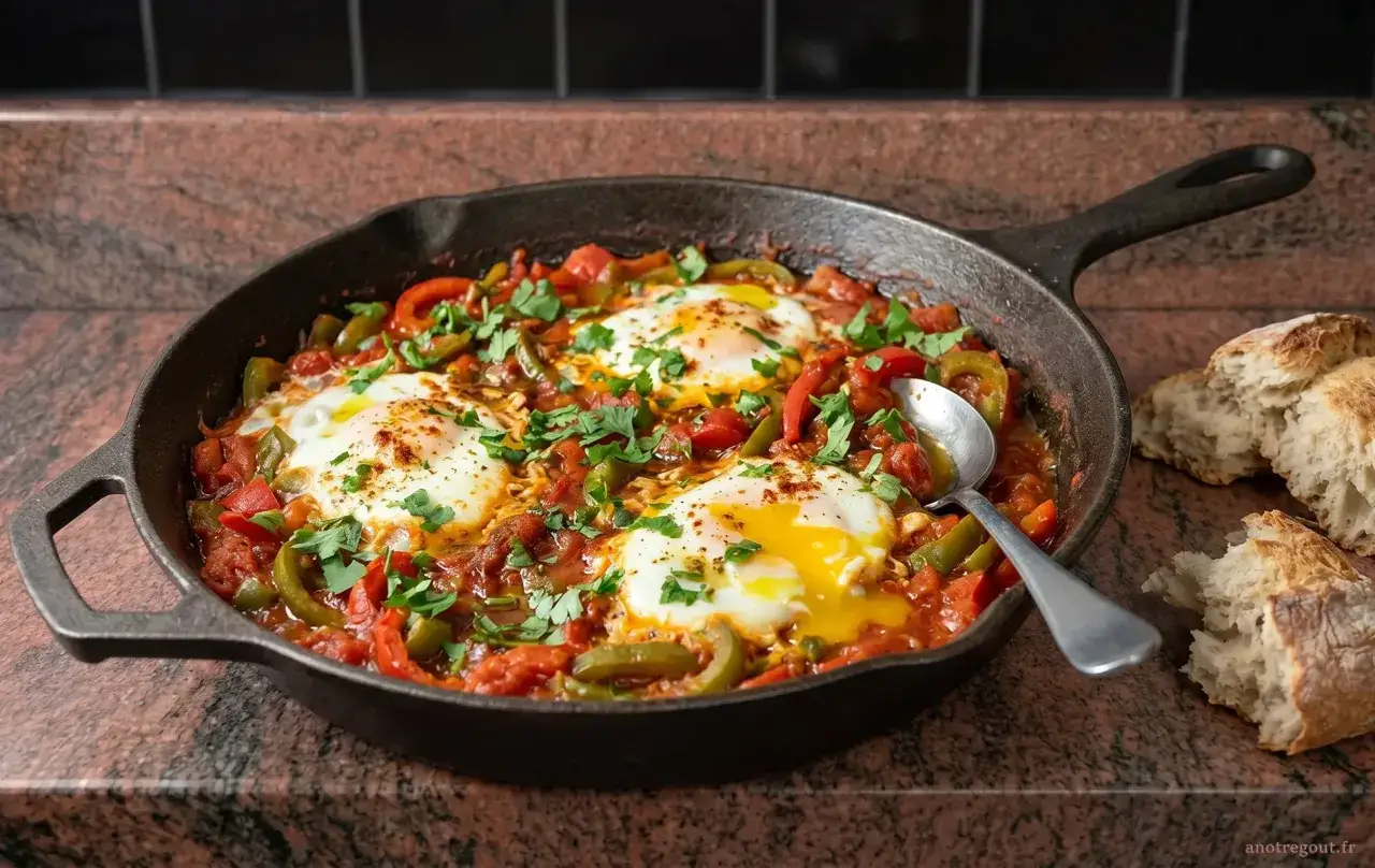 Chakchouka sans poivron, un plat savoureux avec des &oelig;ufs poch&eacute;s dans une sauce tomate &eacute;pic&eacute;e, garni de persil frais. Parfait avec du pain croustillant.