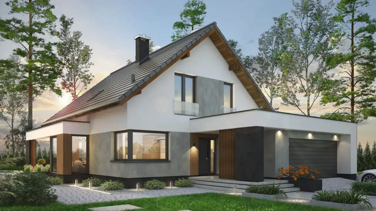 Nowoczesne projekty domów parterowych z poddaszem, z garażem i dużymi oknami, otoczone zielenią.