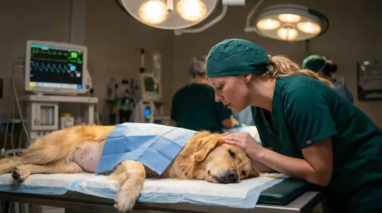 Veterinär tröstar hund på operationsbordet, kanske efter att ha diskuterat nackdelar med kastrering av hanhund.