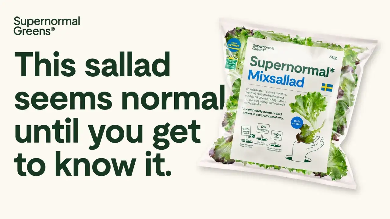 En påse Supernormal Mixsallad, en ljusgårda sallad odlad i Sverige. Krispig, god och redo att ätas.