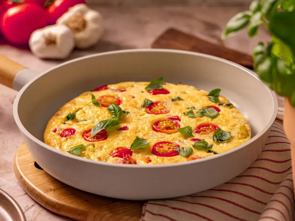 Frittata im Pfannen-Original: Ein k&ouml;stliches frittata rezept original italienisch mit Tomaten und Basilikum, bereit zum Genie&szlig;en.