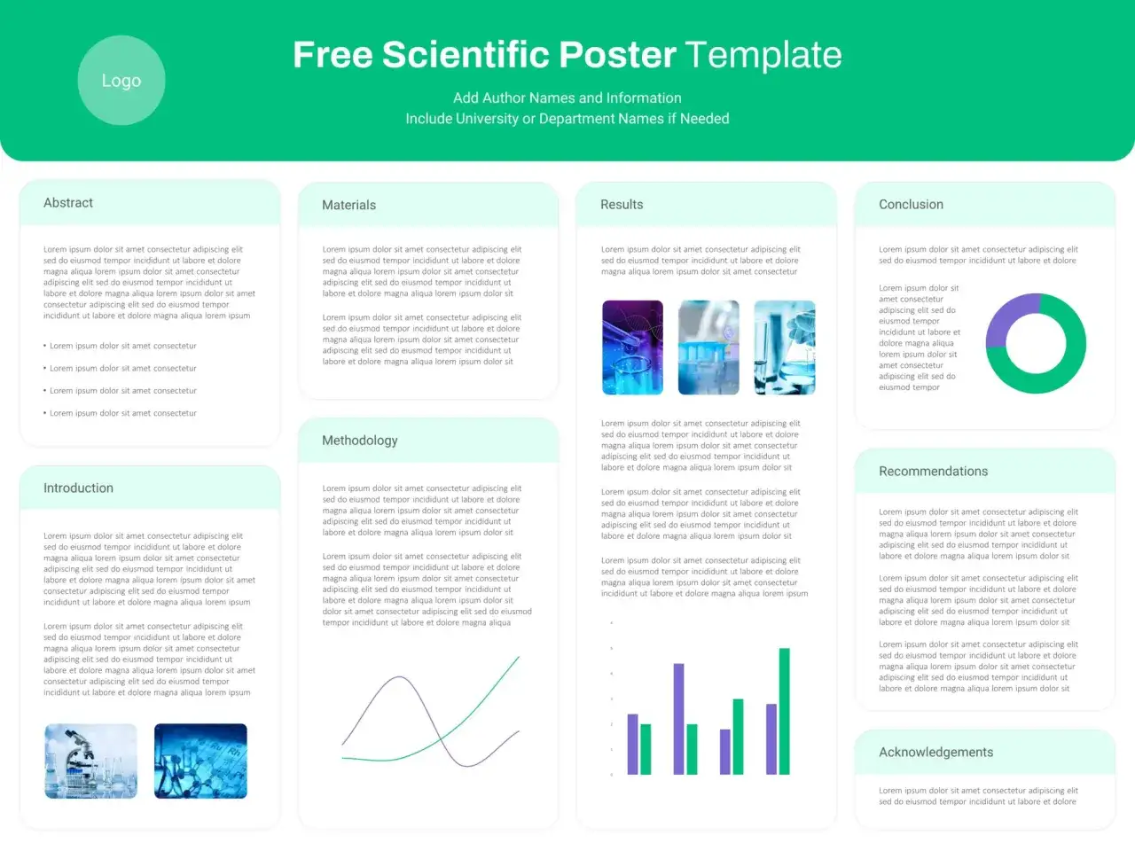 Plantilla poster cient&iacute;fico con secciones para resumen, materiales, metodolog&iacute;a, resultados, conclusi&oacute;n y recomendaciones. Incluye gr&aacute;ficos y espacio para logo.