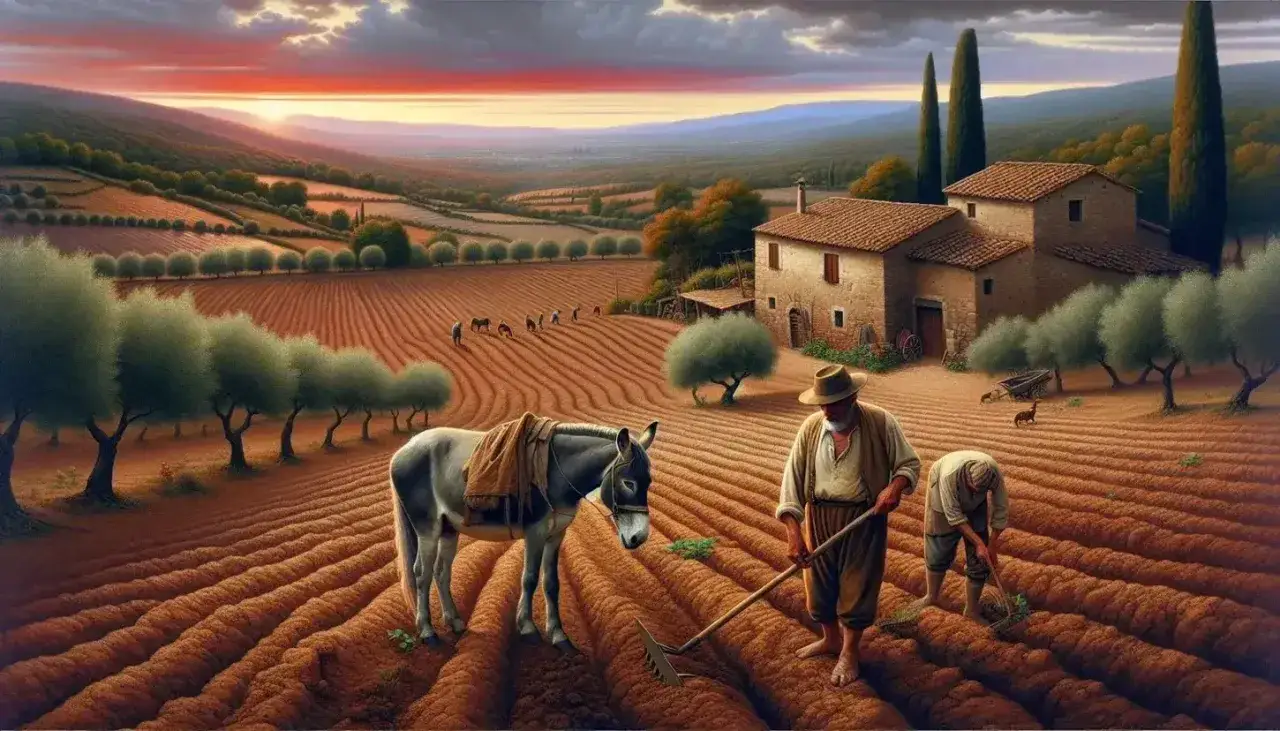 Un contadino lavora il campo con un rastrello, un asino riposa vicino. La roba riassunto di una giornata di duro lavoro sotto un cielo infuocato.