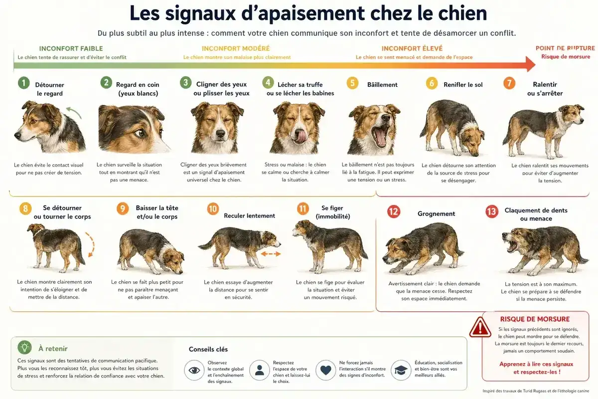 Mon chien a peur des autres chiens : il détourne le regard (1), cligne des yeux (3) ou se fige (11) pour éviter le conflit.