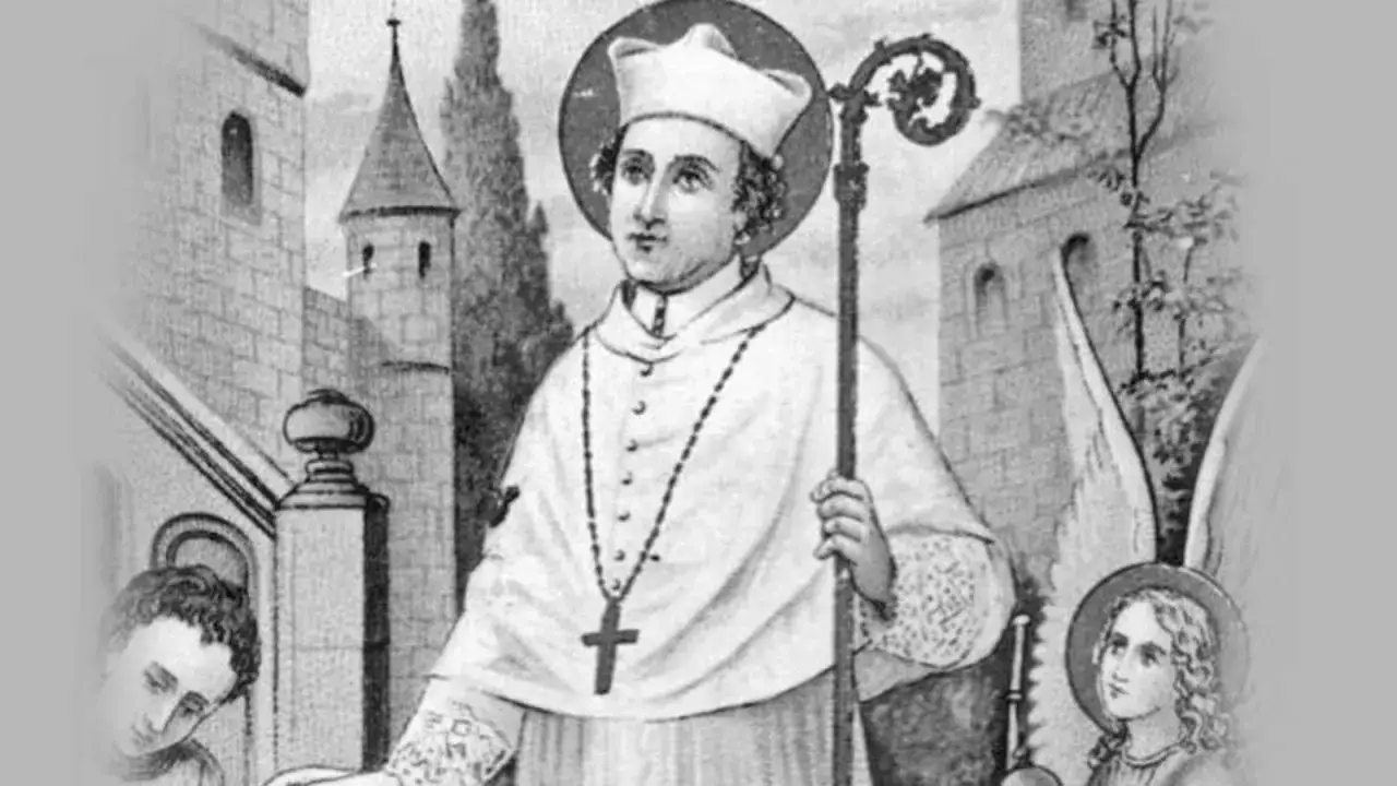 Saint Gilbert, &eacute;v&ecirc;que, b&eacute;nit des enfants devant une &eacute;glise. Sa date de f&ecirc;te est le 9 janvier.