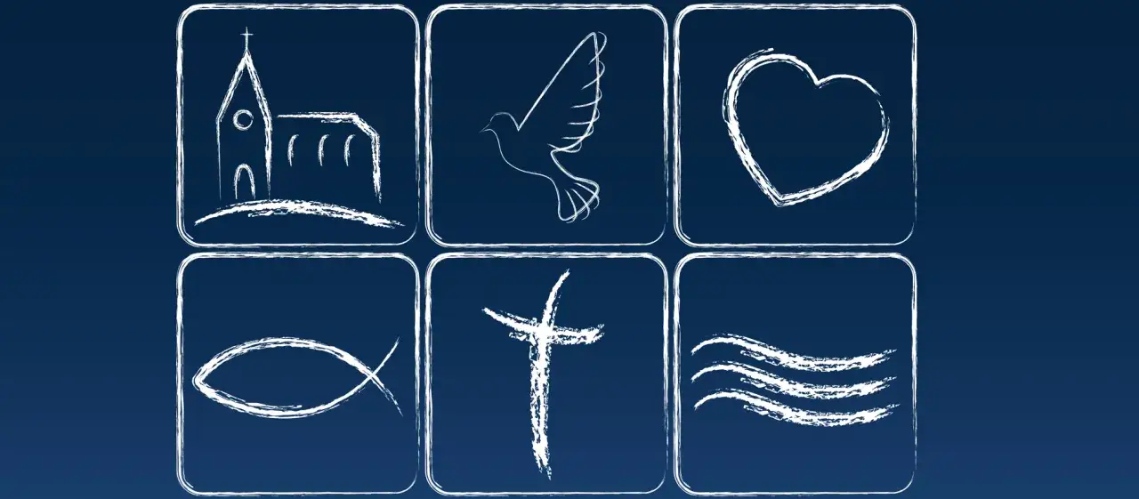Symbole des katholischen Glaubensbekenntnisses: Kirche, Taube, Herz, Fisch, Kreuz, Wellen.