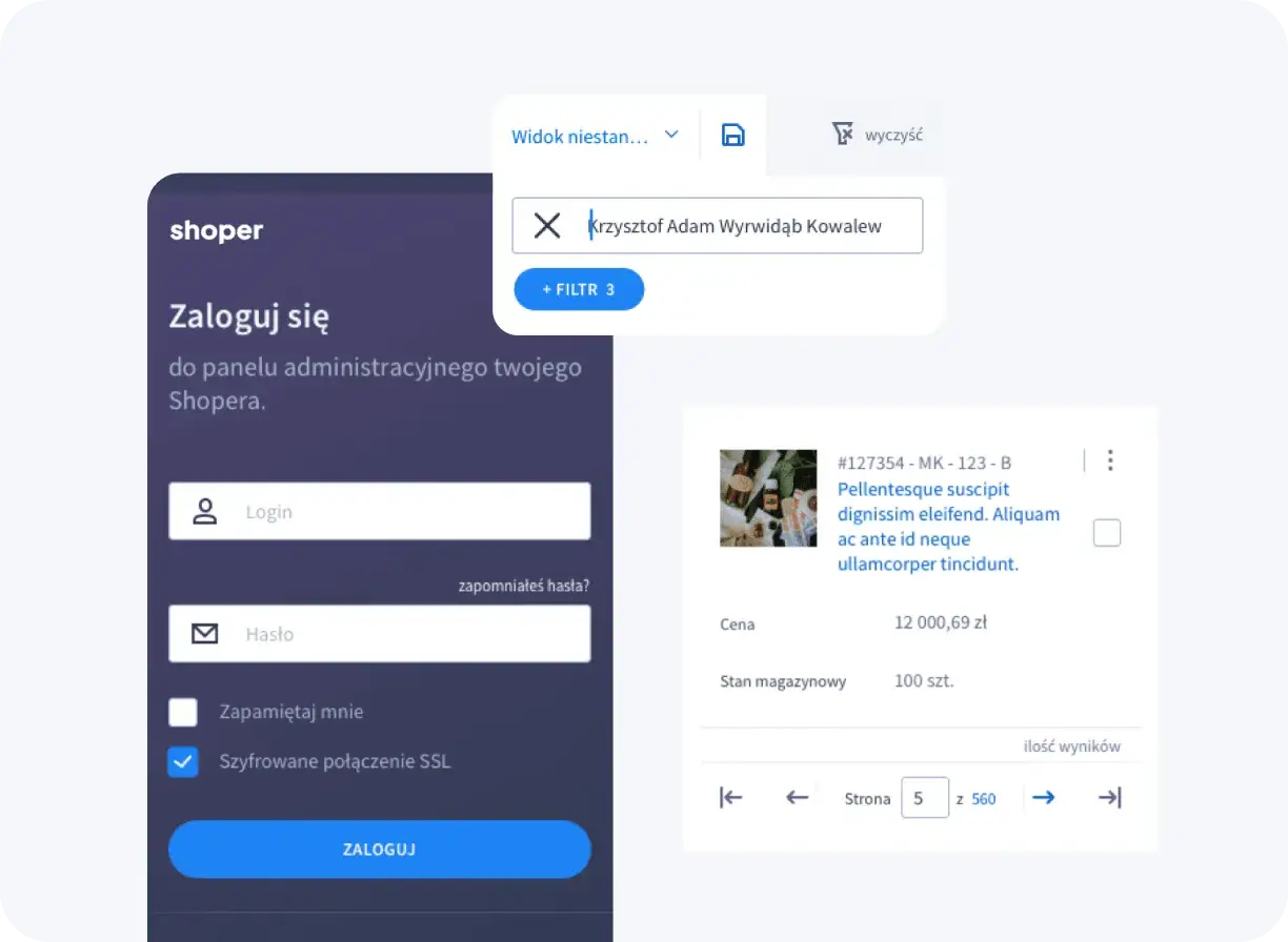 Panel logowania do shoper blog z wyszukiwarką. Wpisano nazwisko