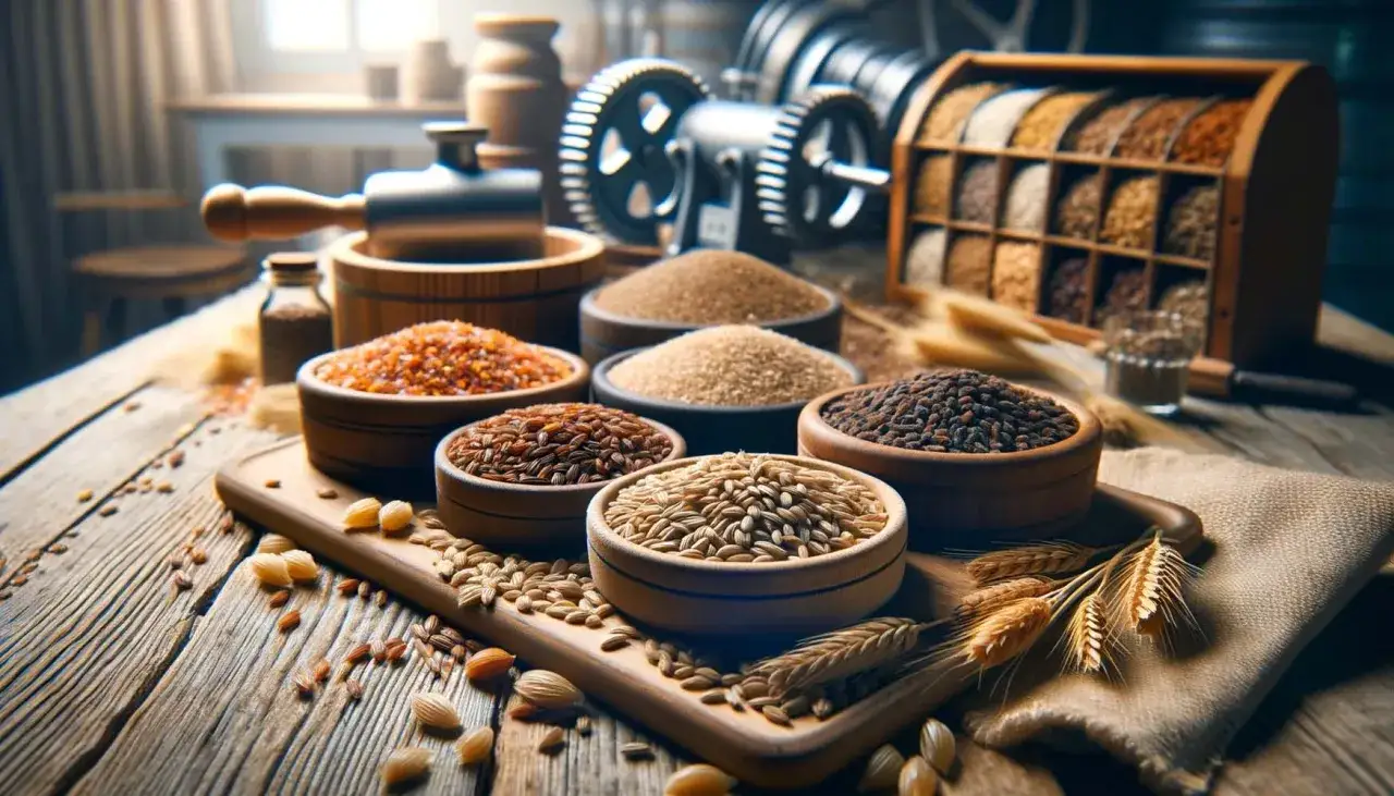 Bol de malt frais et divers grains sur une table en bois rustique, prêts pour la fabrication de bière.