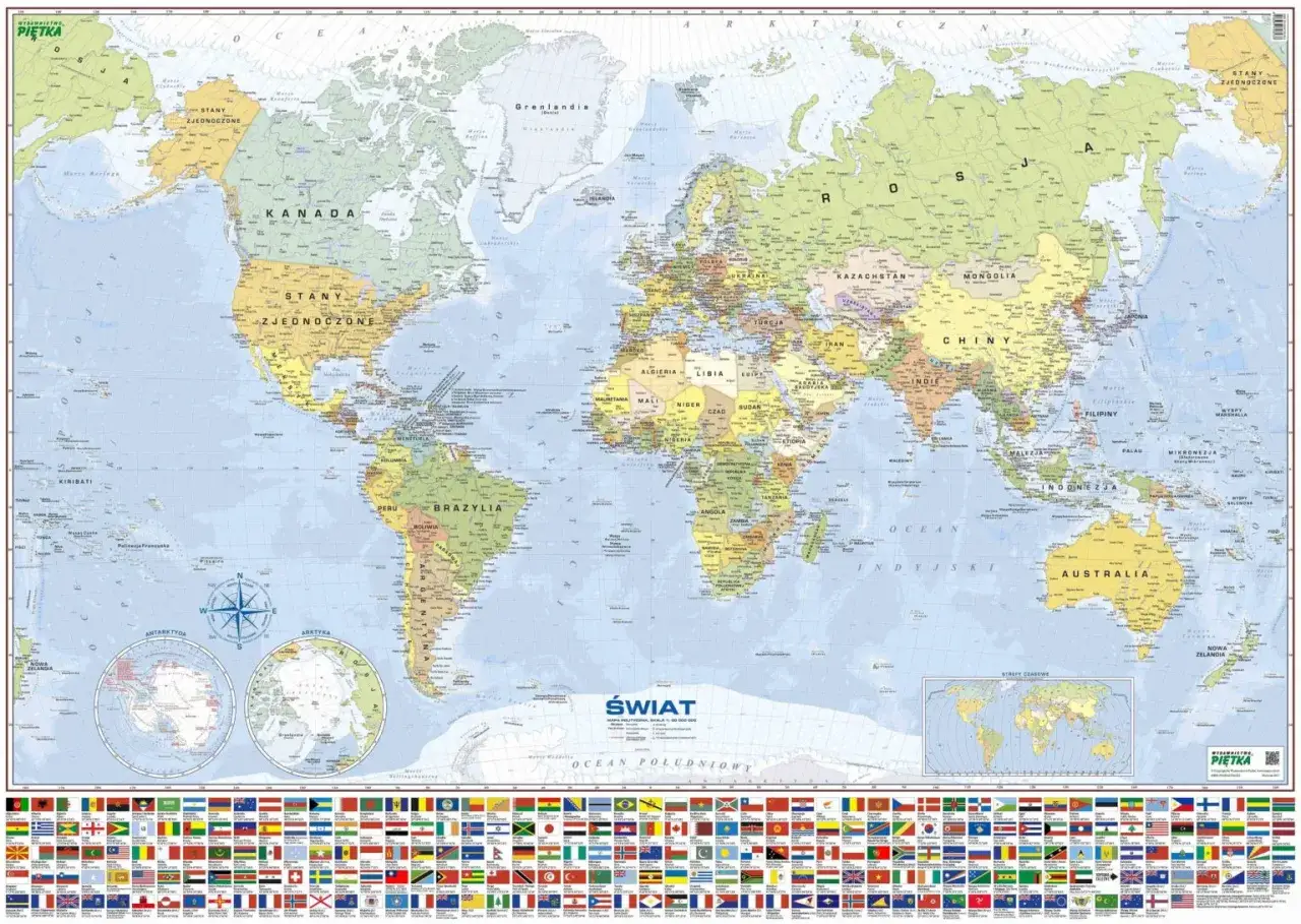 Mapa świata z zaznaczonymi państwami, w tym Stanami Zjednoczonymi. Na dole widnieje rząd flag państwowych.
