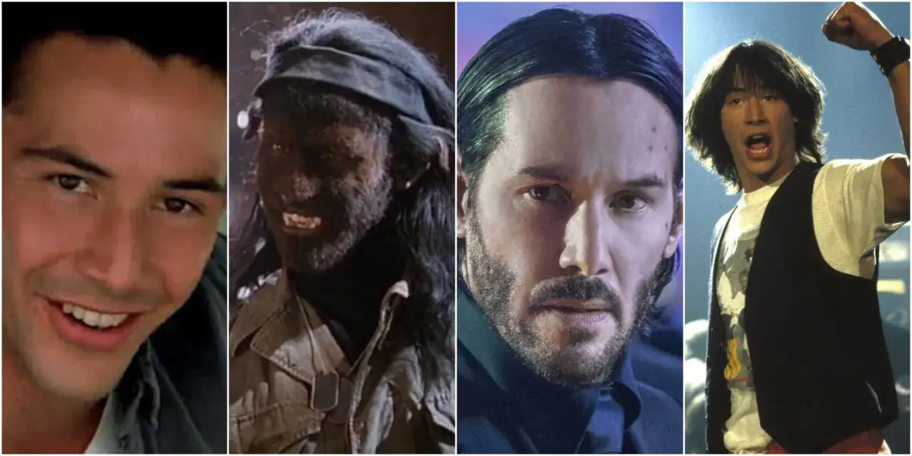 Kolaż przedstawia Keanu Reevesa w różnych rolach z jego filmów: młody, uśmiechnięty, jako wilkołak, jako John Wick i w rockowym stylu.