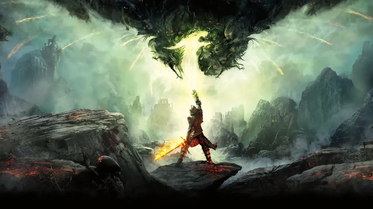Rycerz z płonącym mieczem stawia czoła hordzie demonów z nieba. Epicka scena z gry **Dragon Age**.