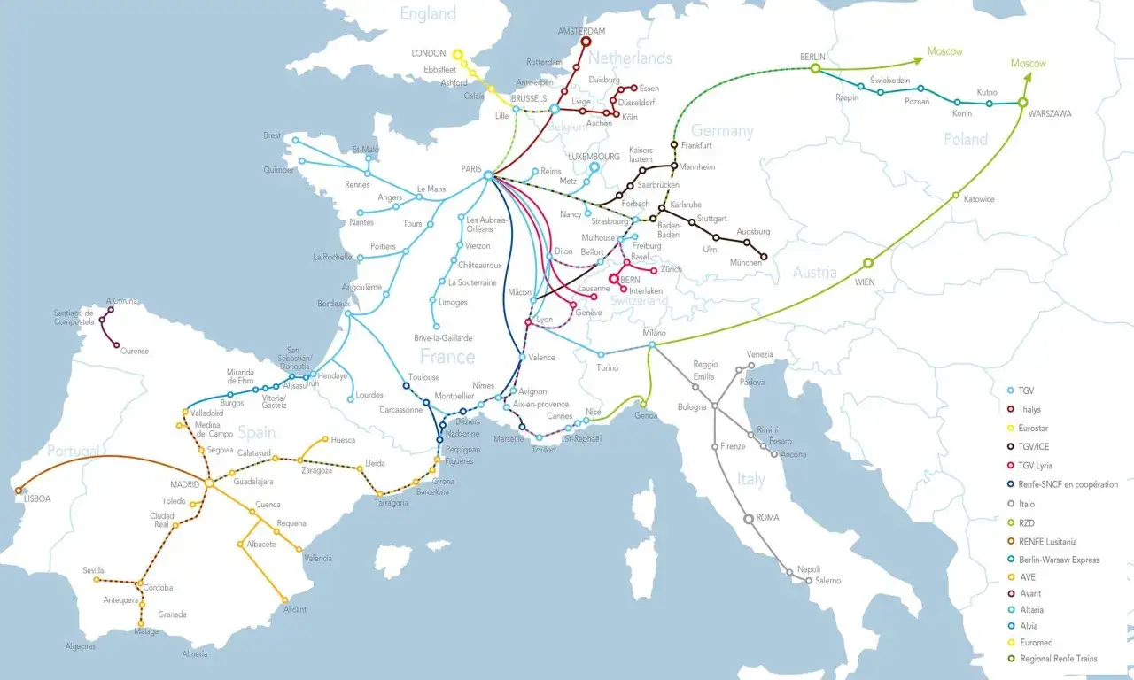 Map showing high-speed rail lines across Europe, with a route from the Costa Brava region of Spain to Barcelona highlighted.