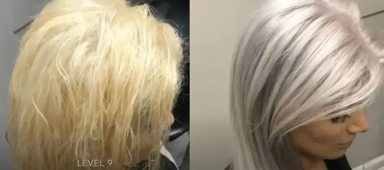 Pelo matizado antes y después: cabello rubio descolorido y luego transformado a un rubio platino brillante y sedoso.