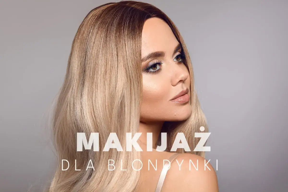 Elegancki makijaż dla blondynki podkreślający urodę. Złote i brązowe cienie, błyszczące usta i perfekcyjnie wykonturowana twarz.