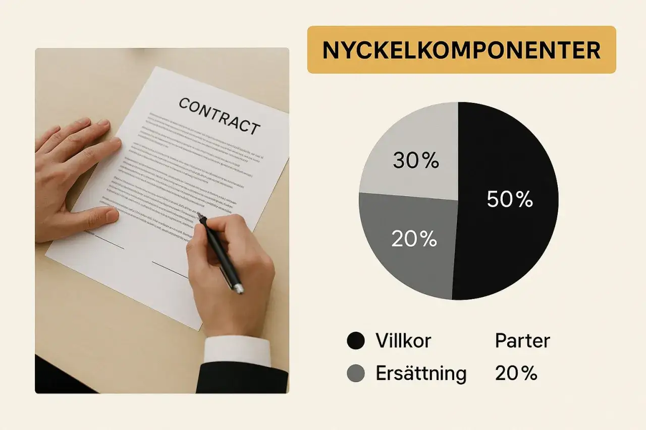 En person skriver p&aring; ett kontrakt. En cirkeldiagram visar nyckelkomponenter: villkor (30%), parter (50%) och ers&auml;ttning (20%), vilket kan inkludera en finders fee.