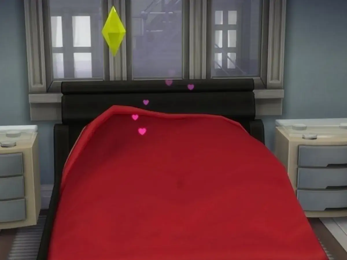 Łóżko z czerwoną pościelą i serduszkami unoszącymi się nad nim, jakby właśnie miało miejsce woohoo w Sims 4.