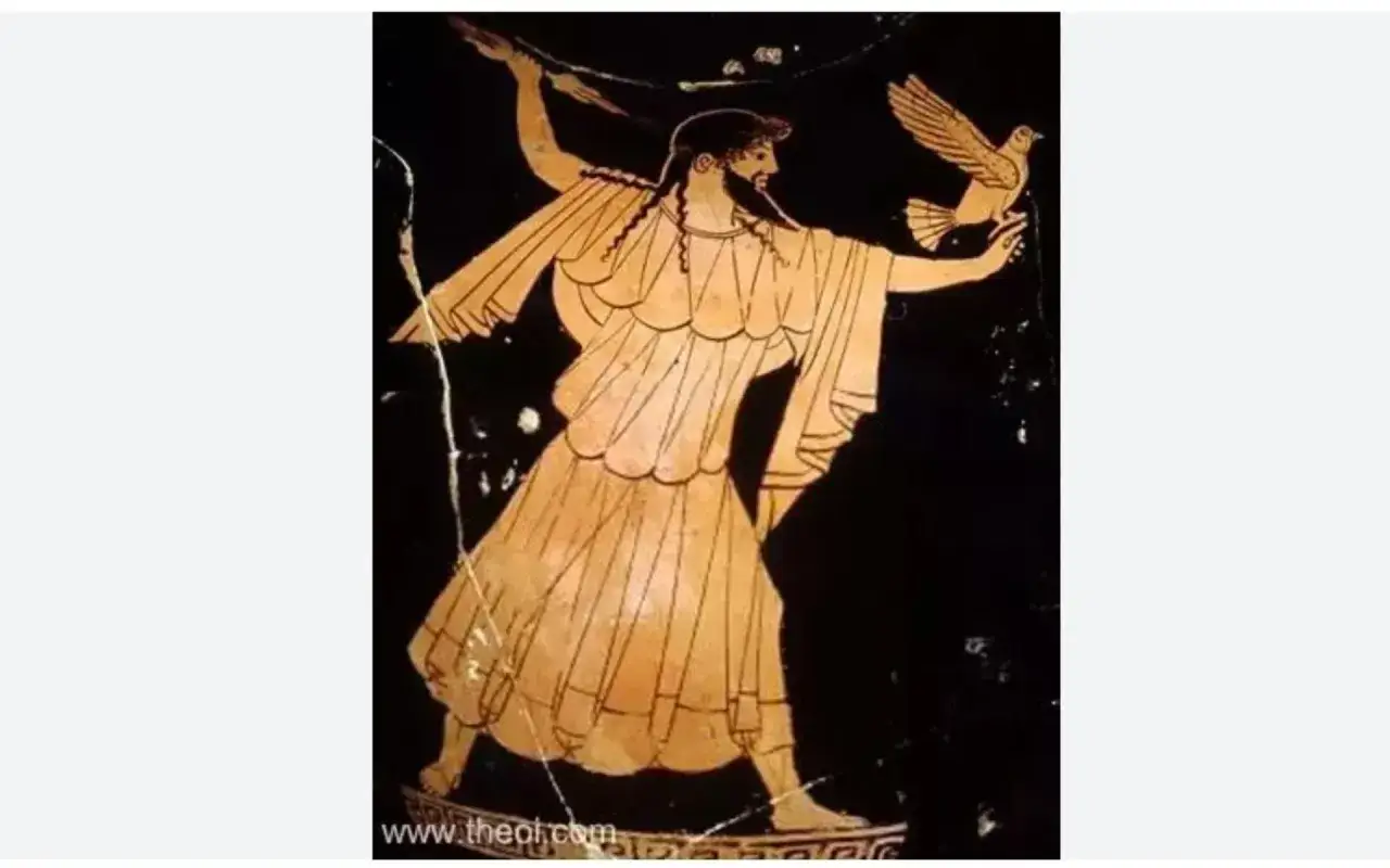 Antike Darstellung: Zeus mit Bart und Gewand, der einen Vogel hält. Möglicherweise eine Szene aus den Zeus Aufgaben.