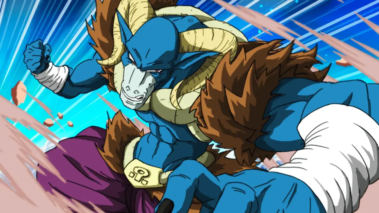 Moro, złowrogi mag z Dragon Ball, w akcji. Jego niebieska skóra i potężne rogi budzą grozę.