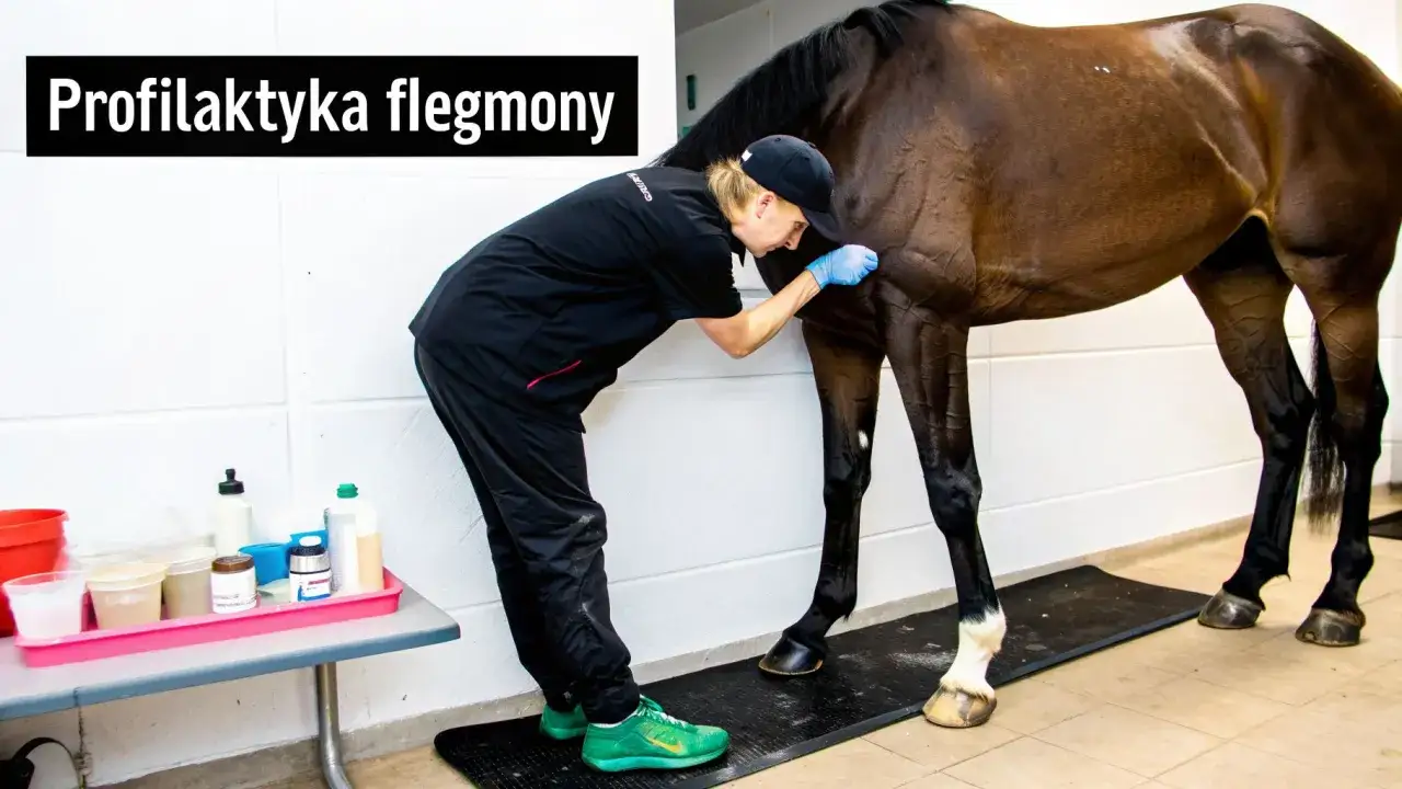 Weterynarz bada konia, który kuleje. Profilaktyka flegmony jest kluczowa dla zdrowia zwierzęcia.