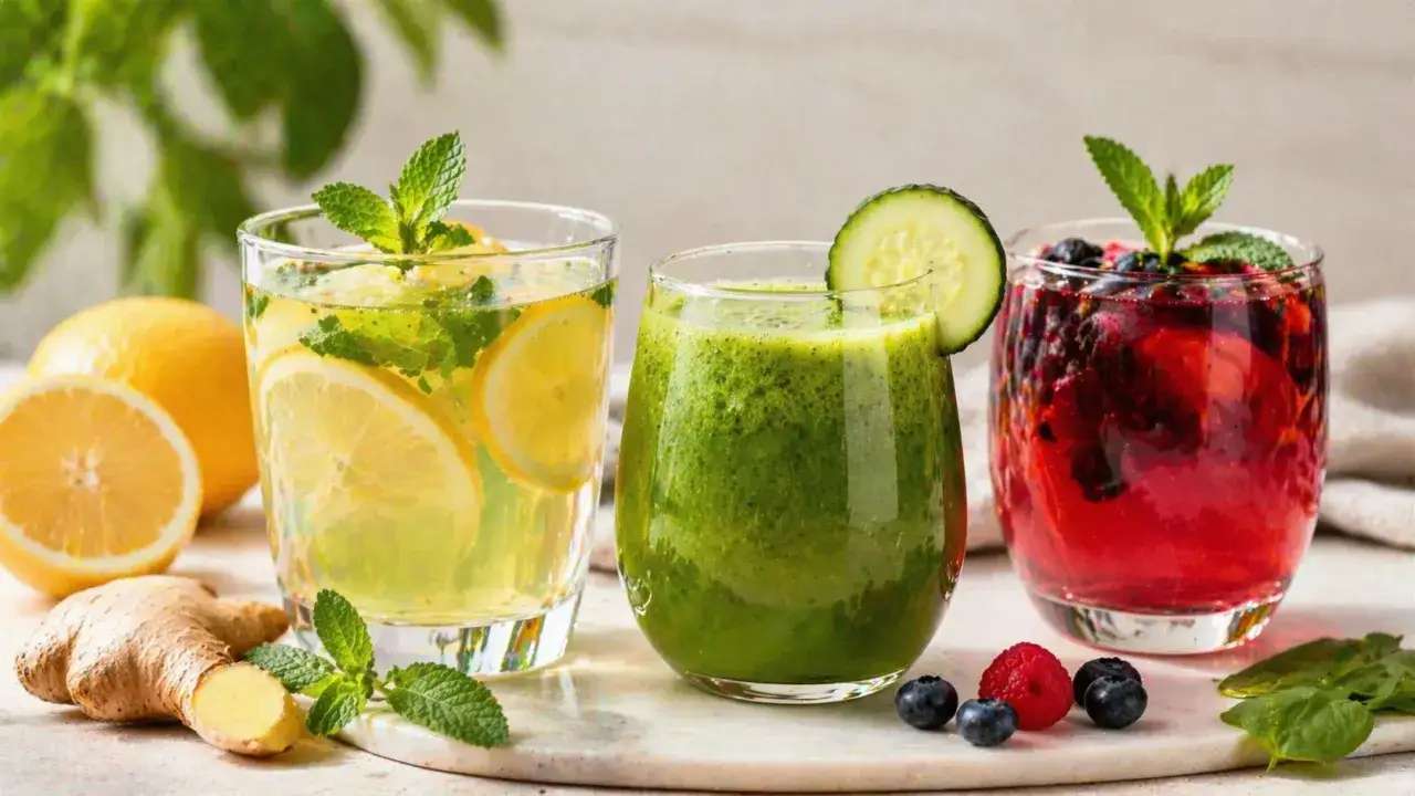 Erfrischende Getränke für einen Detox Day: Zitronenwasser mit Minze, grüner Smoothie mit Gurke und Beeren-Infused Water.