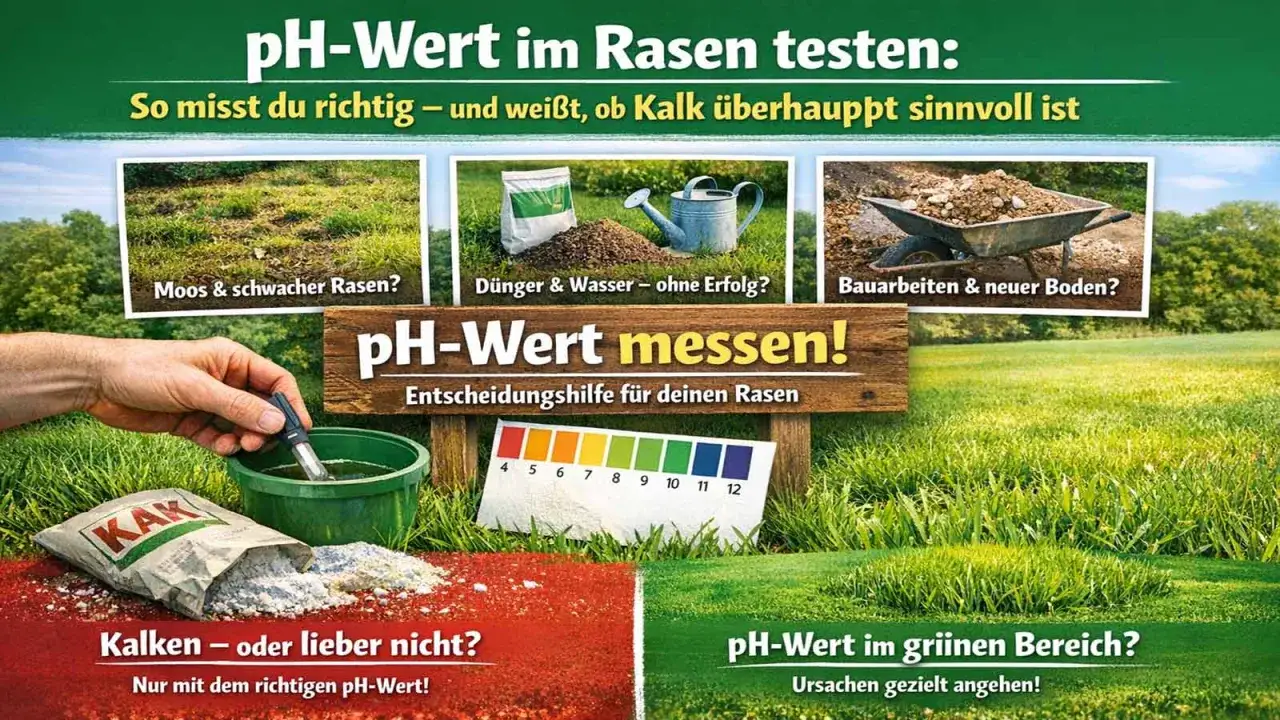 Rasenpflege: pH-Wert messen hilft bei Moos & schwachem Rasen. Kalken nur mit richtigem pH-Wert. Teststreifen zeigen den Wert an.