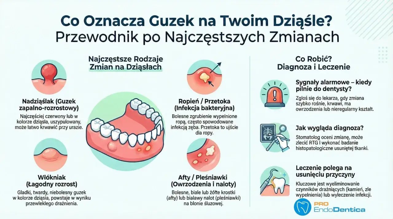 Biała kropka na dziąśle może być aftą lub pleśniawką. Ilustracja pokazuje różne zmiany na dziąsłach, w tym guzki i owrzodzenia.