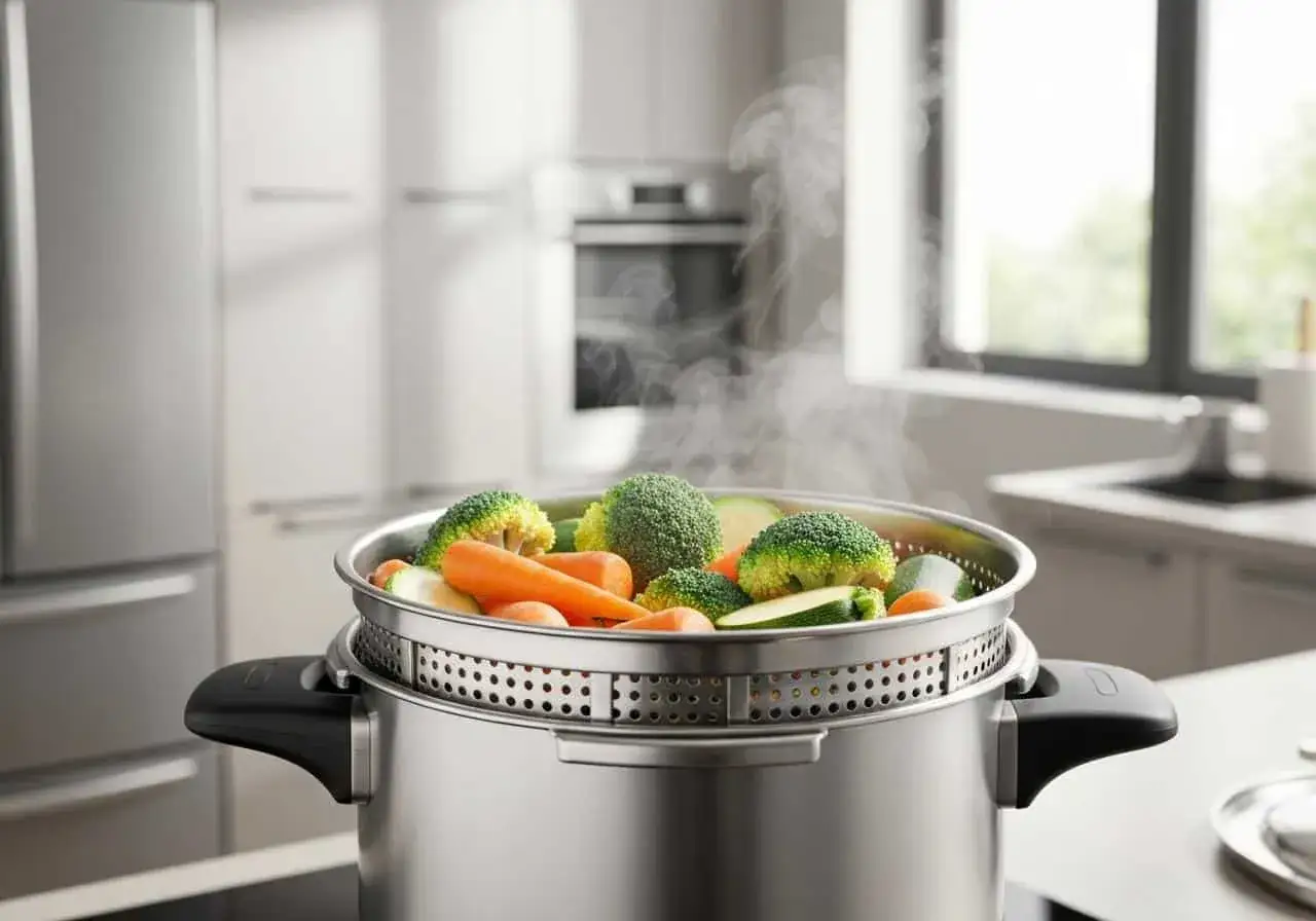 L&eacute;gumes frais (brocolis, carottes, courgettes) cuisant &agrave; la vapeur dans une cocotte minute. La vapeur s'&eacute;chappe, indiquant le bon temps de cuisson.