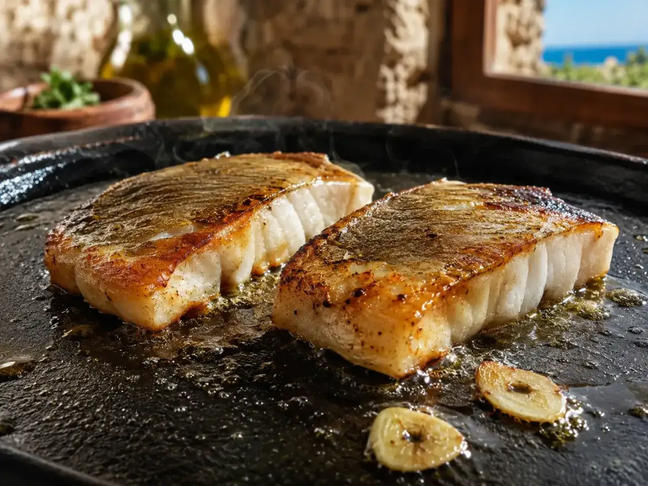 Dos filetes de gallo a la plancha dorándose en una sartén con ajo.