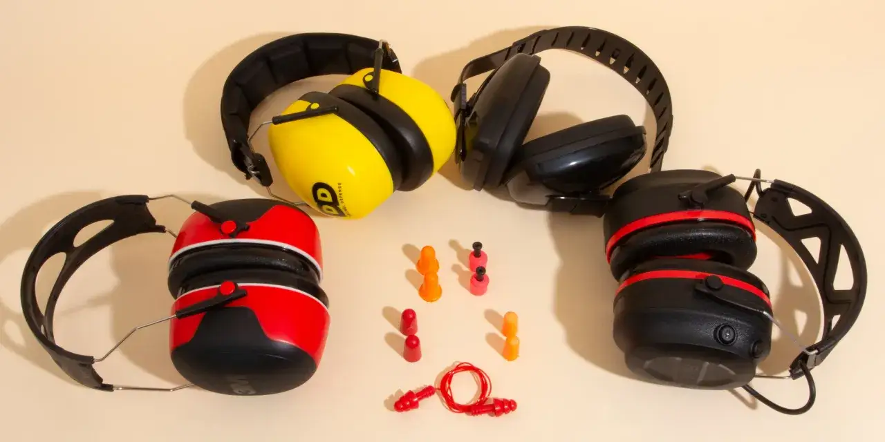 Casque anti-bruit jaune, noir et rouge, avec des bouchons d'oreilles. Id&eacute;al pour prot&eacute;ger vos oreilles de la musique trop forte.