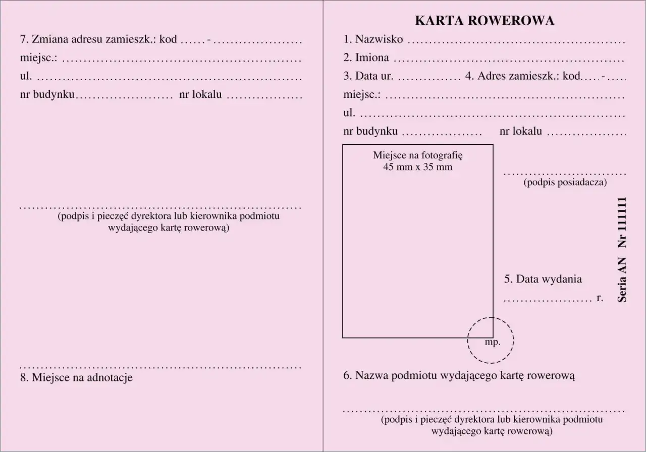 Wygląd karty rowerowej: pola na dane osobowe, adres, zdjęcie, datę wydania i pieczęć.