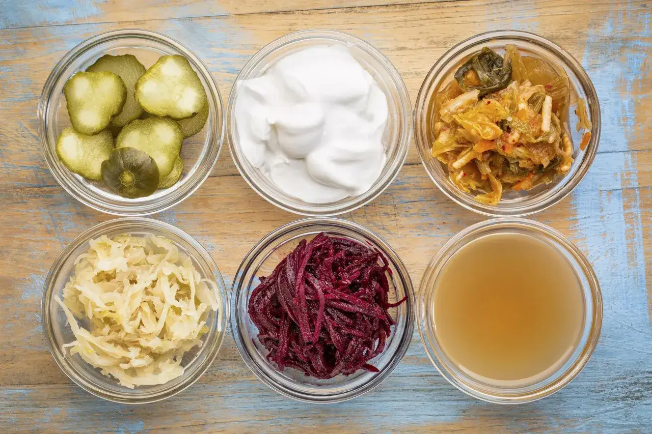 Sechs Schalen mit fermentierten Lebensmitteln: Gurkenscheiben, Joghurt, Kimchi, Sauerkraut, Rote Bete und eine Flüssigkeit.