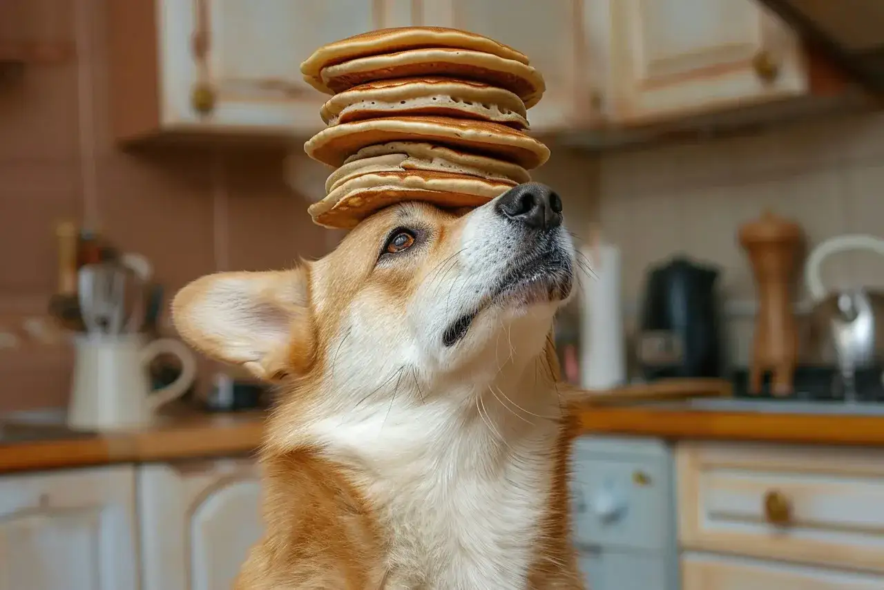 A corgi balances a stack of pancakes on its head, looking up with hopeful eyes. This image makes you wonder,