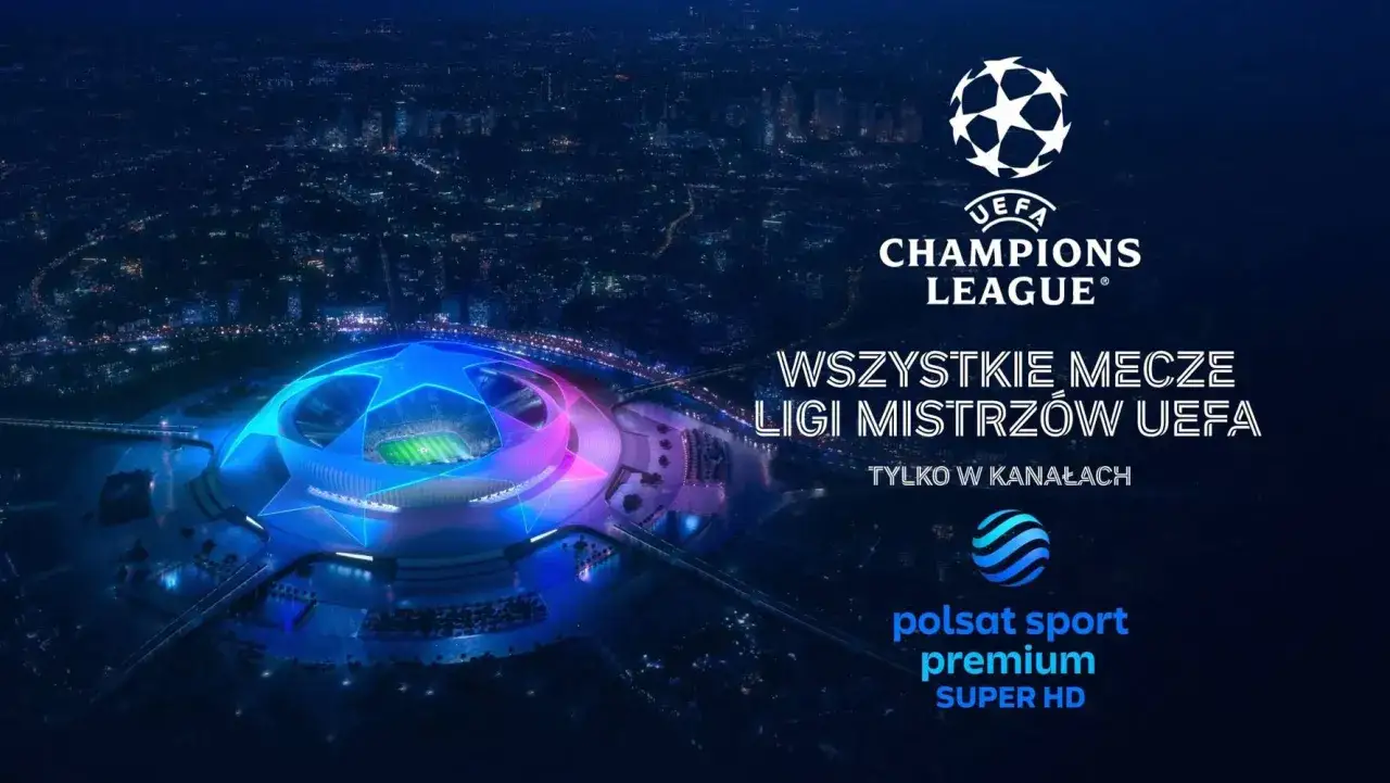 Nocny widok stadionu z logiem Ligi Mistrzów. Gdzie liga mistrzów? Wszystkie mecze na Polsat Sport Premium Super HD.