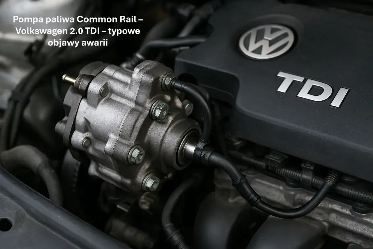 Pompa paliwa Common Rail w Volkswagenie 2.0 TDI. Widoczny metalowy element z przewodami paliwowymi, obok czarnej pokrywy silnika z napisem TDI.