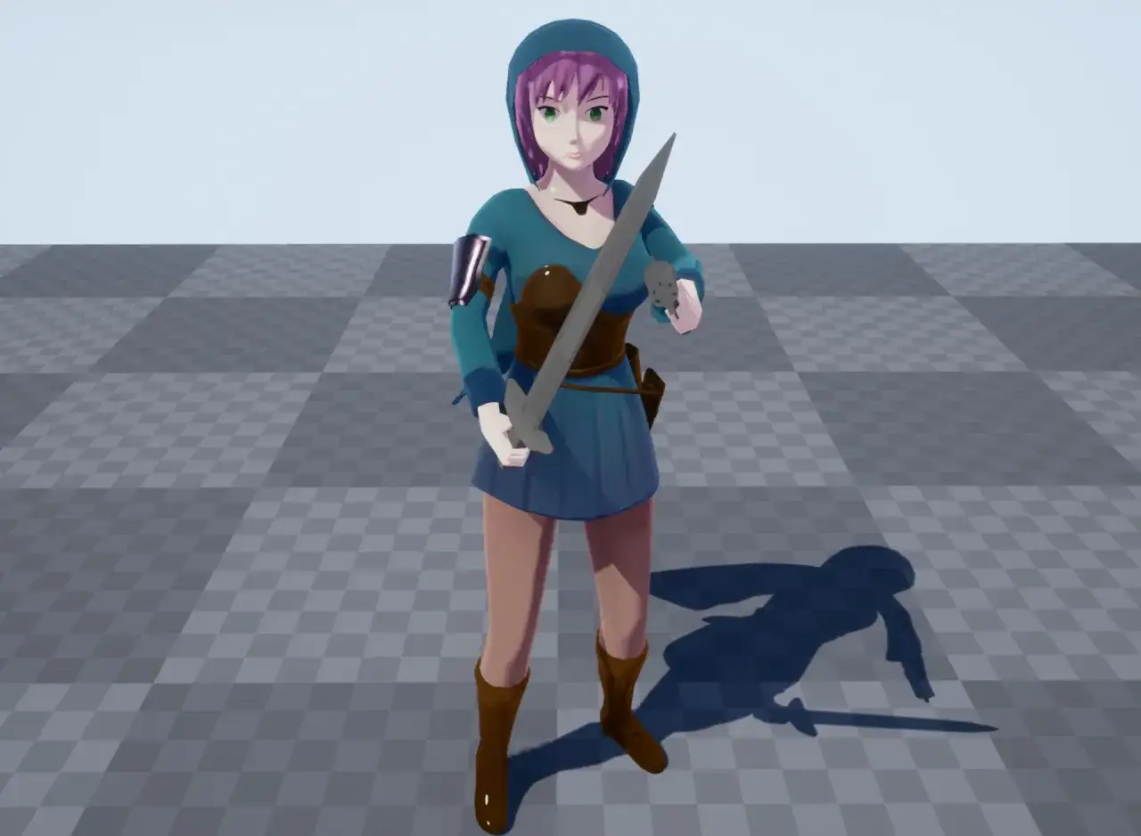 Postać anime 3d w niebieskiej tunice z kapturem, trzymająca miecz i kamień. Gotowa do walki.
