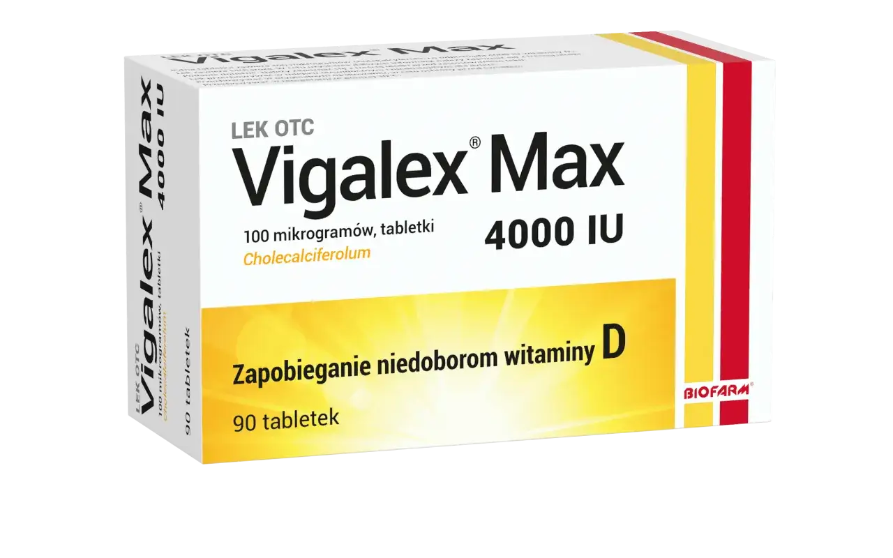Opakowanie Vigalex Max 4000 IU, 90 tabletek, zapobiega niedoborom witaminy D. Zawiera cholekalcyferol.