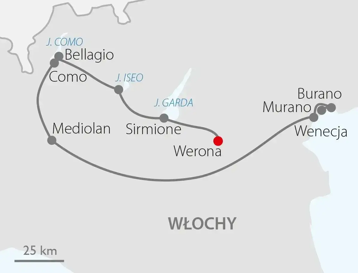 Trasa przez Włochy: Mediolan, Sirmione nad jeziorem Garda, Werona, a dalej do Wenecji.