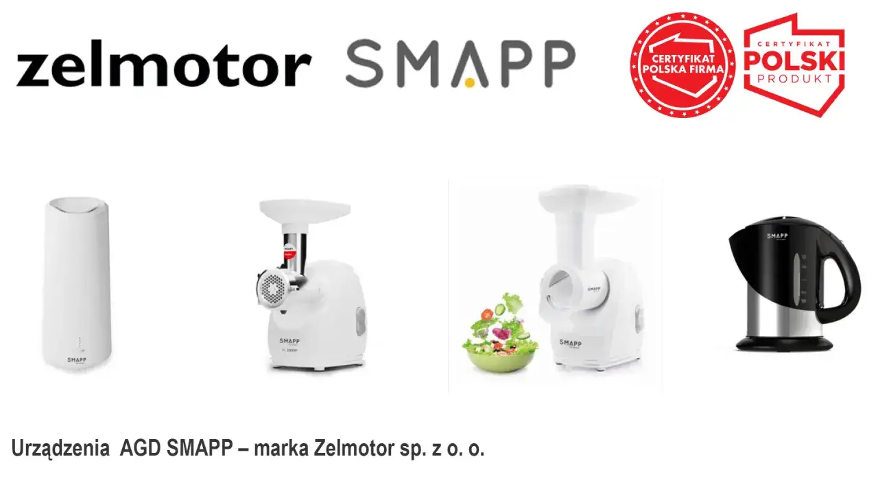 Urządzenia AGD SMAPP, polskiej firmy Zelmotor. W ofercie m.in. maszynka do mielenia, czajnik.